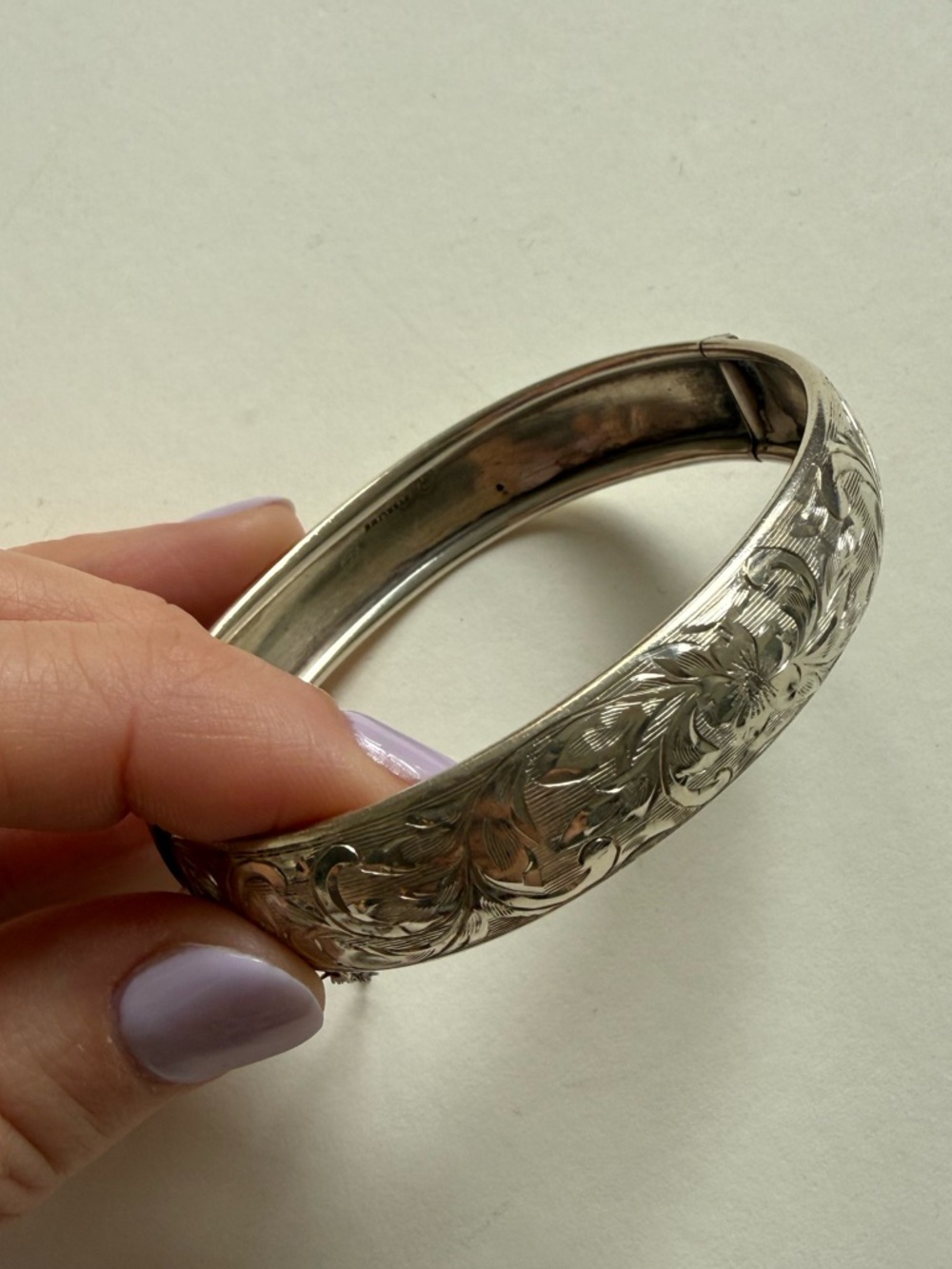 Vintage Floral Etched Sterling Silver Bangle Bracelet - WRJ Signed